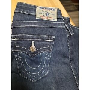 True Religion World Tour Bootcut Jeans Dark Wash White Contrast Big T Stitch 28